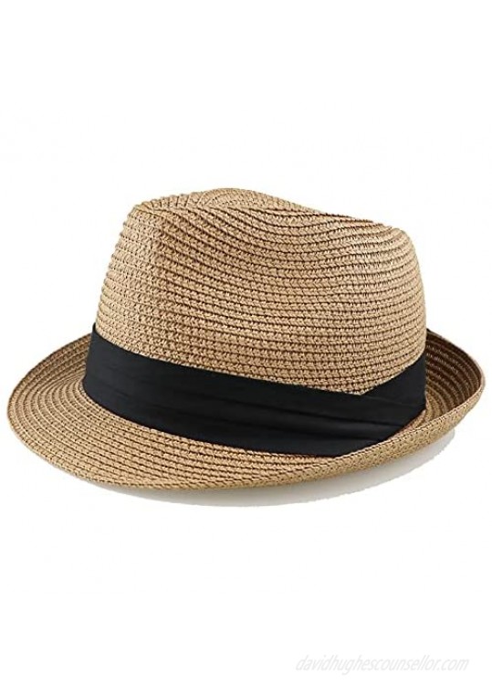 Floppy Straw Fedora Panama Sun Summer Beach Hat Short Brim Trilby Hat Men Women(Small 22.4 Large 23.23)