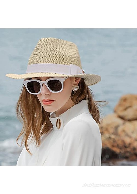 GEMVIE Straw Fedora Hat Men Women Sun Hat Adjustable Panama Hat Summer Beach