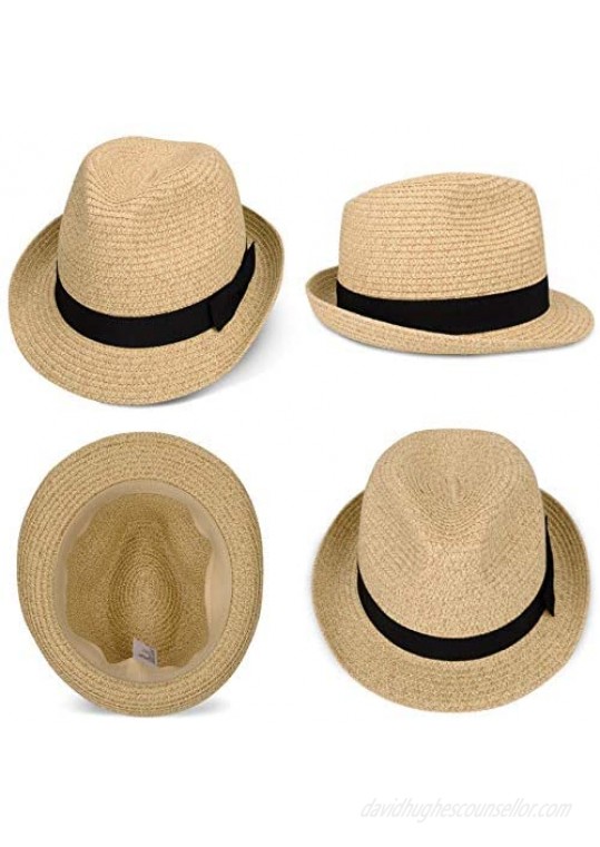 Maylisacc Short Brim Straw Fedora Hats Summer Straw Trilby Beach Sun Hat Adjustable Medium Size with Trendy Bowknot