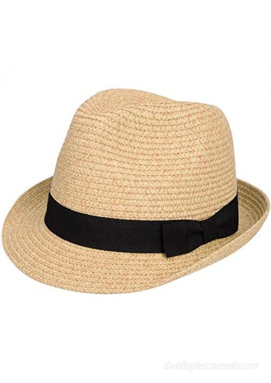 Maylisacc Short Brim Straw Fedora Hats Summer Straw Trilby Beach Sun Hat Adjustable Medium Size with Trendy Bowknot