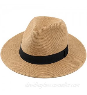 Melesh Straw Fedora Hat for Women Men Fine Braid Wide Brim Sun Beach Panama Hat