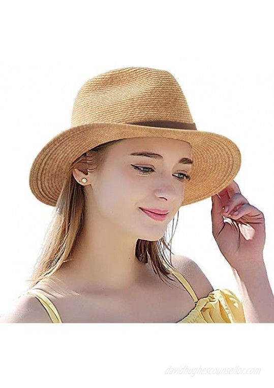 Summer Straw Hat for Women - UV Protection Classic Fedora Havana Hat Cute Beach Panama Wide Round Brim Sun Hats  Adjustable Structured Floppy Cuban Trilby Cap  Unisex Birthday Vacation Travel Gift