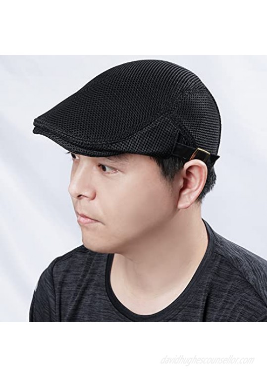 SUMERSHA Men's Mesh Flat Cap Adjustable Newsboy Hat Ivy Gatsby Hat Cabbie Beret Black Breathable Summer Hat