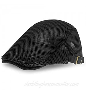 SUMERSHA Men's Mesh Flat Cap Adjustable Newsboy Hat Ivy Gatsby Hat Cabbie Beret Black Breathable Summer Hat