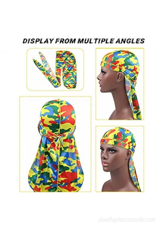 ALIDIA 4 Pieces Extra Long Tail Wide Straps Silky Camouflage Durag for Men 360 Waves