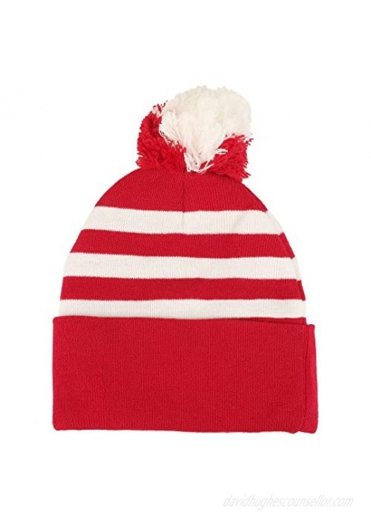 Armycrew Red White Striped Pom Pom Cuff Beanie Hat