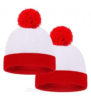 Baodlon Halloween Knit Hat Beanie Hat - 2 Pack Pom Pom Cuff Beanie Hats - Red White Knitted Hat - Halloween Costume Beanies - Christmas Cuff Knit Hat