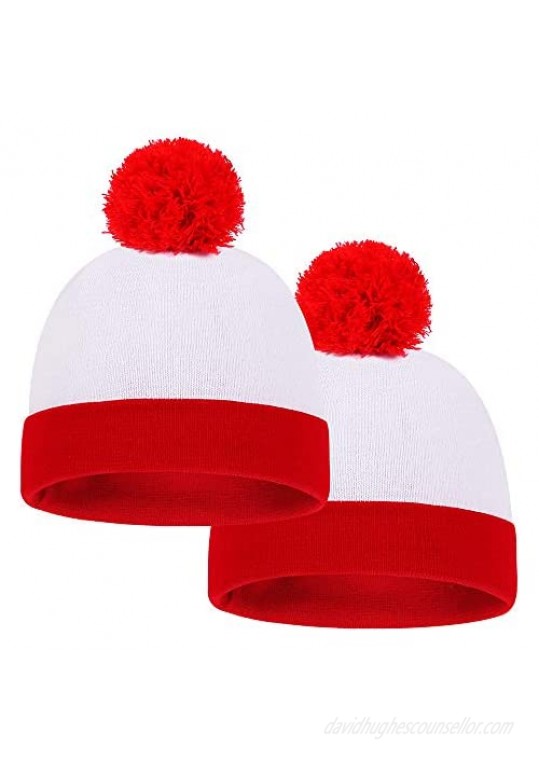 Baodlon Halloween Knit Hat Beanie Hat - 2 Pack Pom Pom Cuff Beanie Hats - Red White Knitted Hat - Halloween Costume Beanies - Christmas Cuff Knit Hat