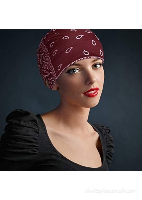 Geyoga 3 Pieces Bouffant Beanie Caps with Buttons Women Chemo Caps with Button Headband Turban Skull Cap Beanie with Ear Loop Holder Buttons (Sky Blue Wine Red Peacock Blue)