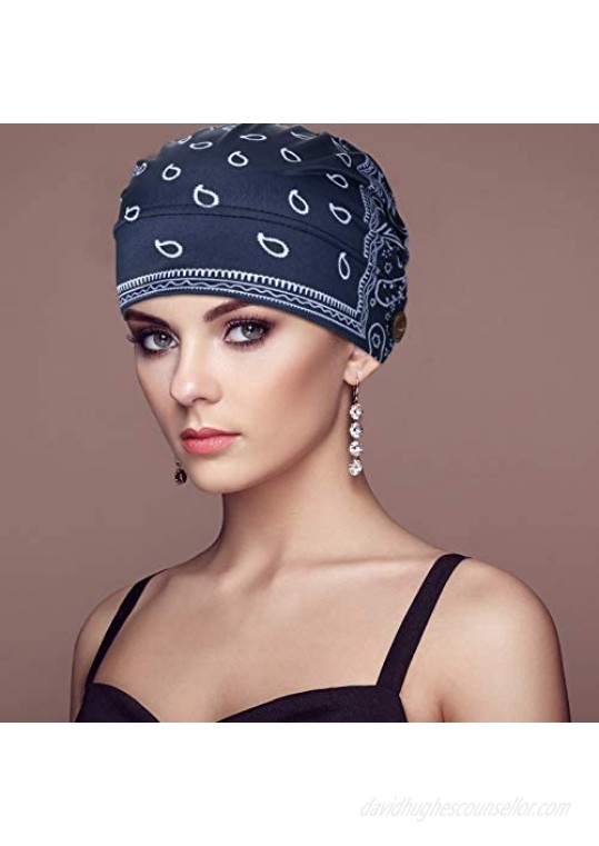 Geyoga 3 Pieces Bouffant Beanie Caps with Buttons Women Chemo Caps with Button Headband Turban Skull Cap Beanie with Ear Loop Holder Buttons (Sky Blue Wine Red Peacock Blue)