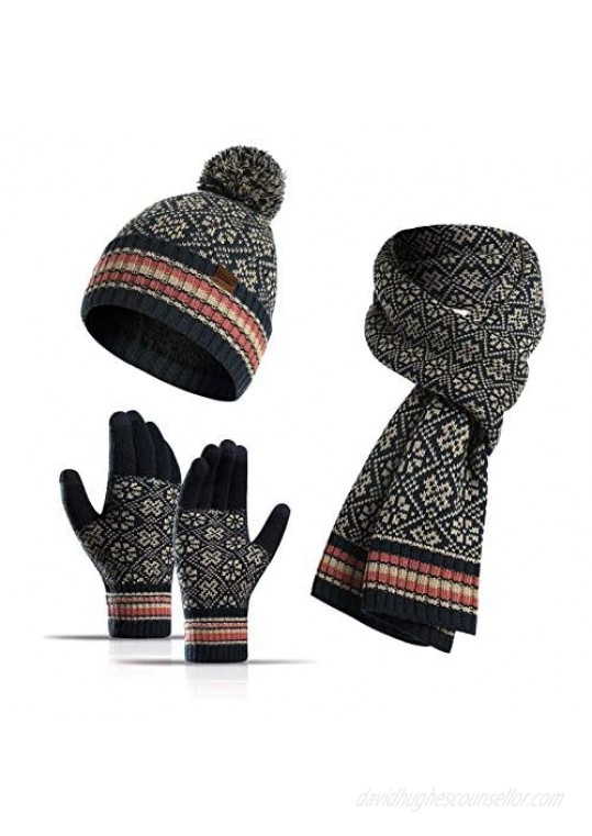 Women Winter Beanie Hat Neck Warm Scarf and Touchscreen Gloves Set 3PCS Thickened Lining Cap for Men and Women