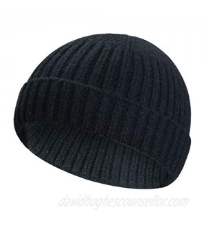 Wool Knit Trawler Beanie Hat  Short Fisherman Skullcap Knit Cuff Beanie Cap for Men/Women Daily Wearing Black