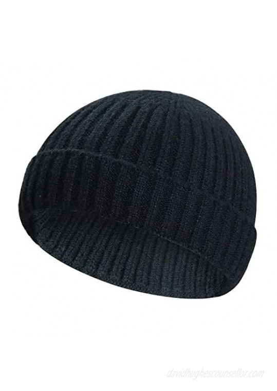 Wool Knit Trawler Beanie Hat  Short Fisherman Skullcap Knit Cuff Beanie Cap for Men/Women Daily Wearing Black