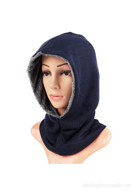 GERINLY Solid Color Hooded Scarf Knitted Infinity Scarf with Beanie Hat Pullover Running Hat for Winter