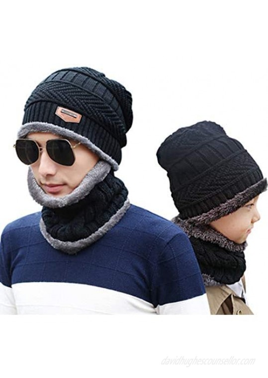 Mens Warm Winter Wool Knit Hat with Scarf - Wool Lining  Very Thick and Warm (Navy)