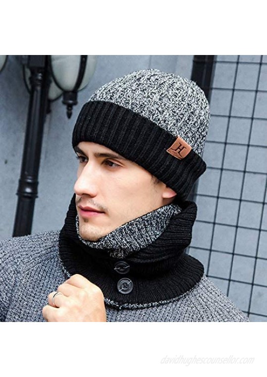 Men's Winter Beanie Hat & Button Scarf & Touchscreen Gloves 3 Pieces Warm Knitted Set for Men