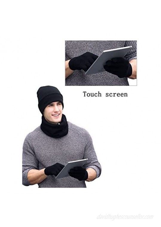 T WILKER 3 Pieces Knitted Hat Set Winter Thick Warm Snug Knit Hat + Scarf + Touch Screen Gloves for Men Women
