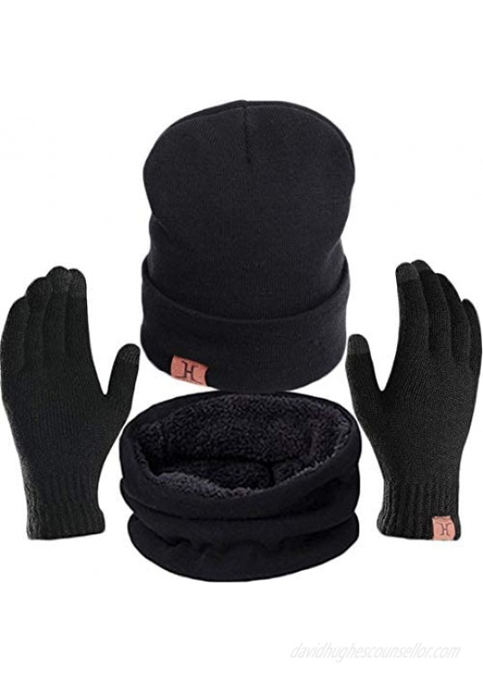 T WILKER 3 Pieces Knitted Hat Set Winter Thick Warm Snug Knit Hat + Scarf + Touch Screen Gloves for Men Women
