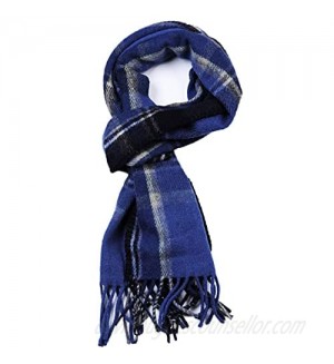 Wool Fall/Winter Blue Black Scarf for Men Women- Scottish Tartan Plaid Merino Scarves 10 x 69 Inches  Blue Black Golden Plaid
