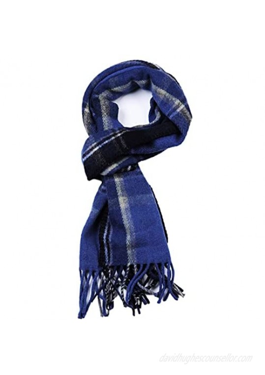 Wool Fall/Winter Blue Black Scarf for Men Women- Scottish Tartan Plaid Merino Scarves 10 x 69 Inches Blue Black Golden Plaid